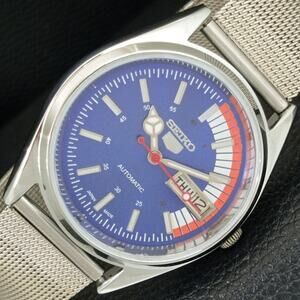 Vintage 1981 Seiko Automatic Mens Silver Watch W/daydate & Blue accents